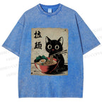 Unisex Adorable Black Cat Enjoying Ramen Printed Washed Tee