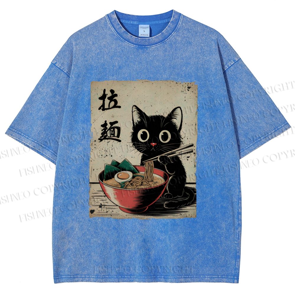 Unisex Adorable Black Cat Enjoying Ramen Printed Washed Tee