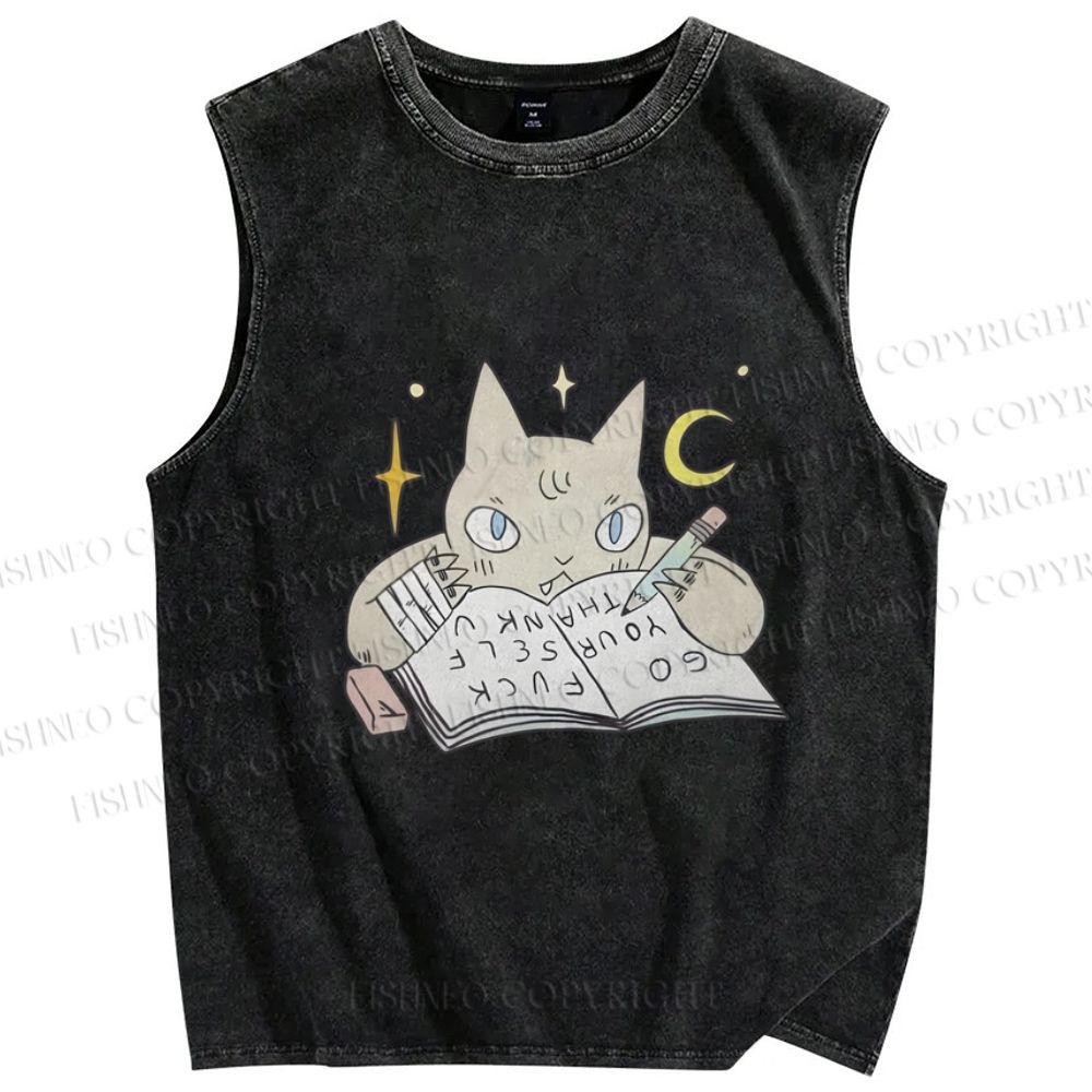 Unisex Cat Doing Homework Printed Washed Tank Top