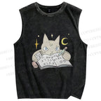 Unisex Cat Doing Homework Printed Washed Tank Top
