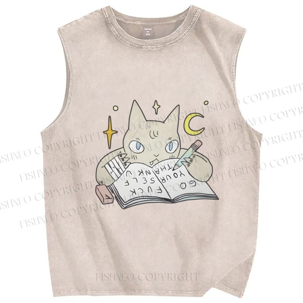 Unisex Cat Doing Homework Printed Washed Tank Top