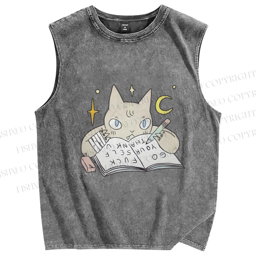 Unisex Cat Doing Homework Printed Washed Tank Top