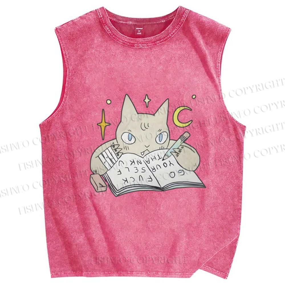 Unisex Cat Doing Homework Printed Washed Tank Top
