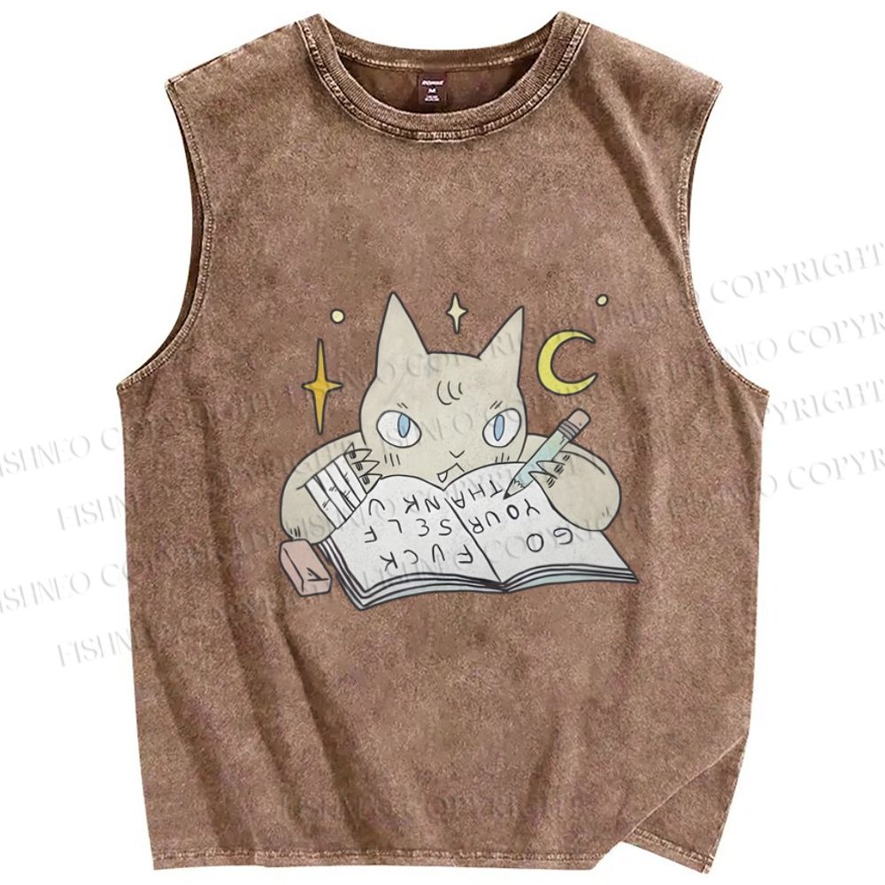 Unisex Cat Doing Homework Printed Washed Tank Top