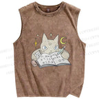 Unisex Cat Doing Homework Printed Washed Tank Top