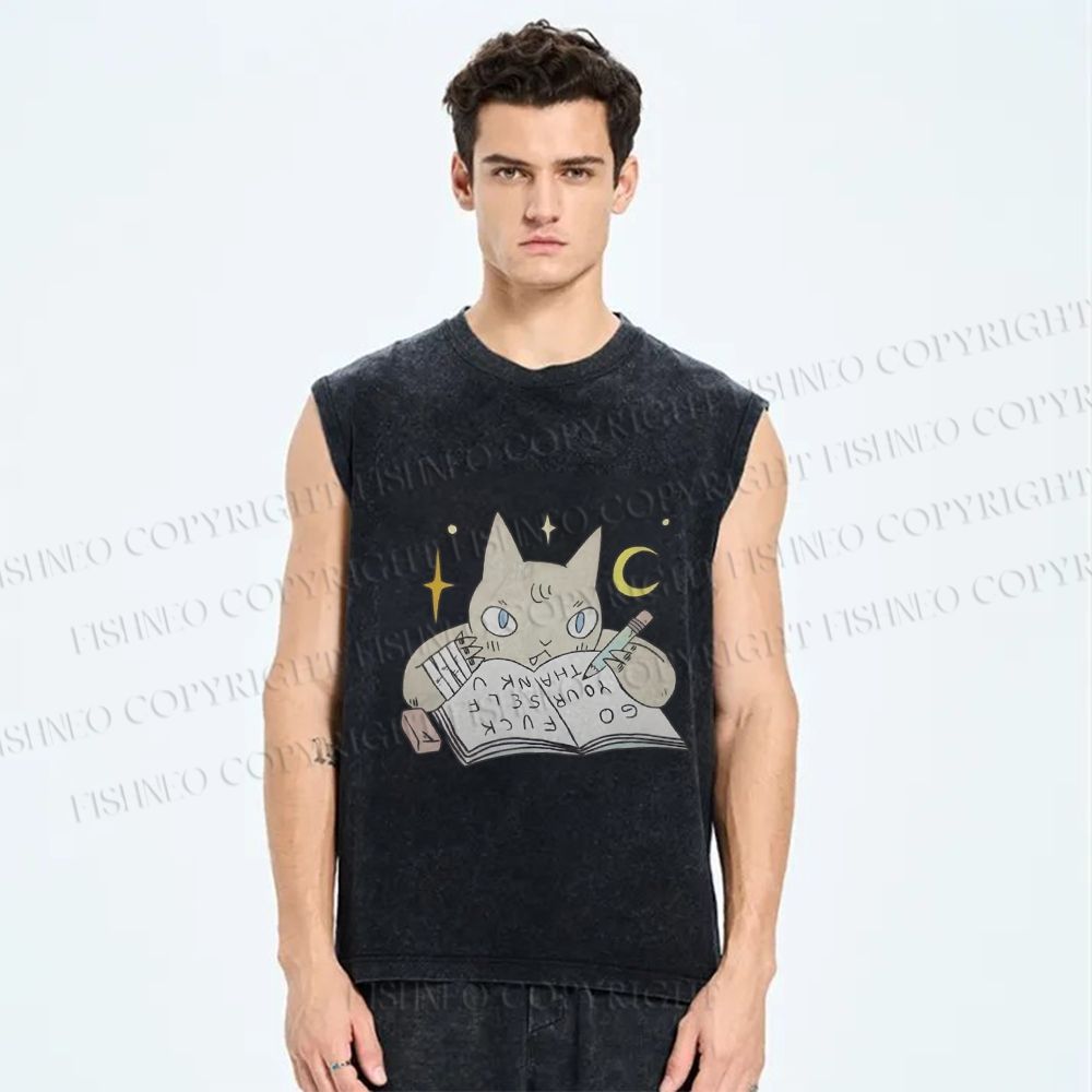Unisex Cat Doing Homework Printed Washed Tank Top