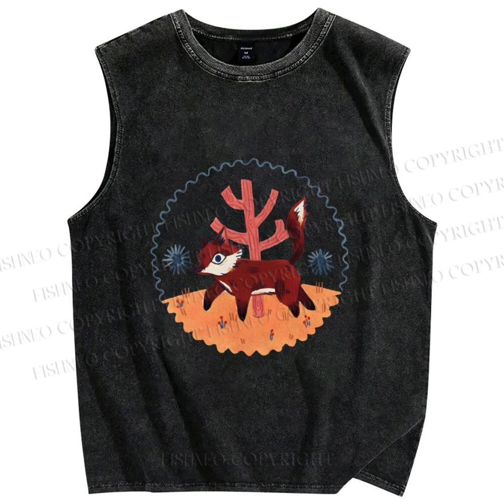Unisex Cartoon Fox Printed Washed Tank Top