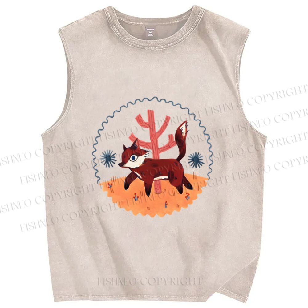 Unisex Cartoon Fox Printed Washed Tank Top
