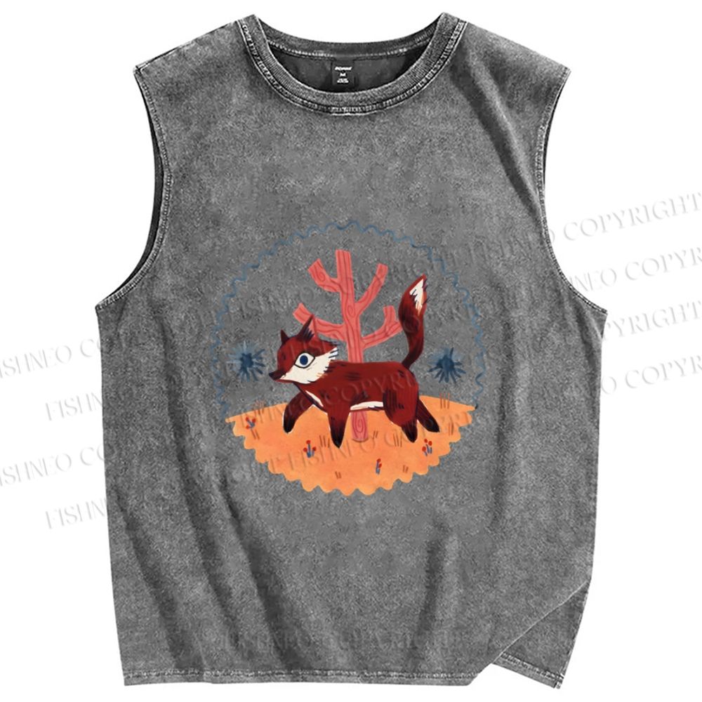 Unisex Cartoon Fox Printed Washed Tank Top