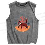 Unisex Cartoon Fox Printed Washed Tank Top