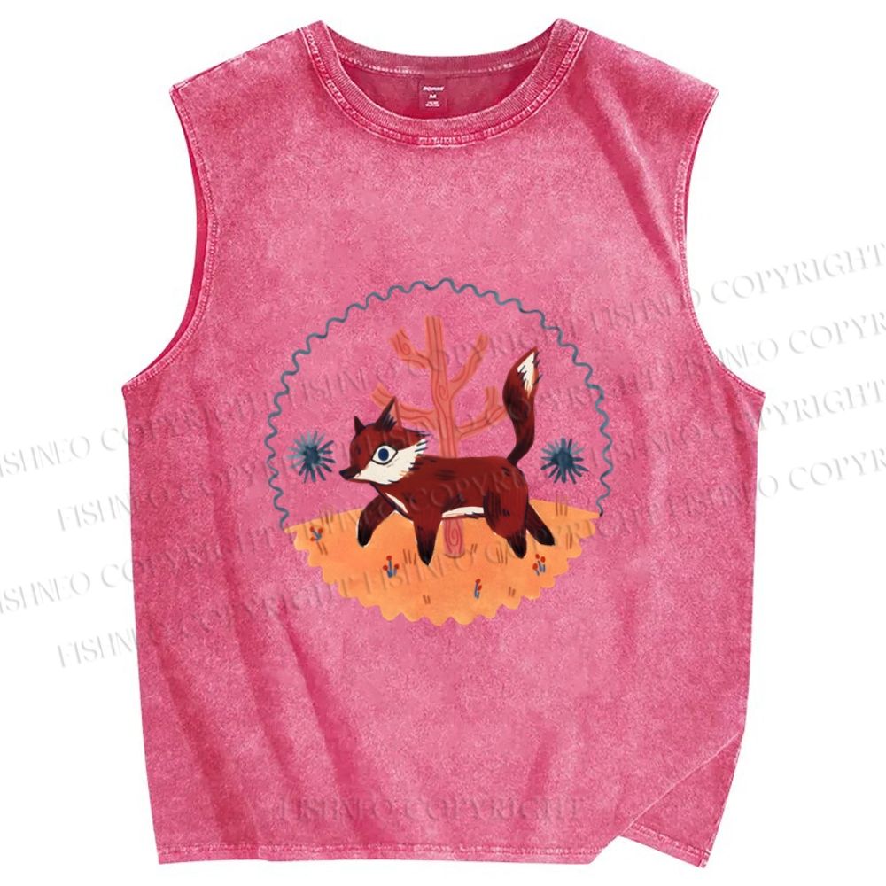 Unisex Cartoon Fox Printed Washed Tank Top
