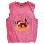 Unisex Cartoon Fox Printed Washed Tank Top