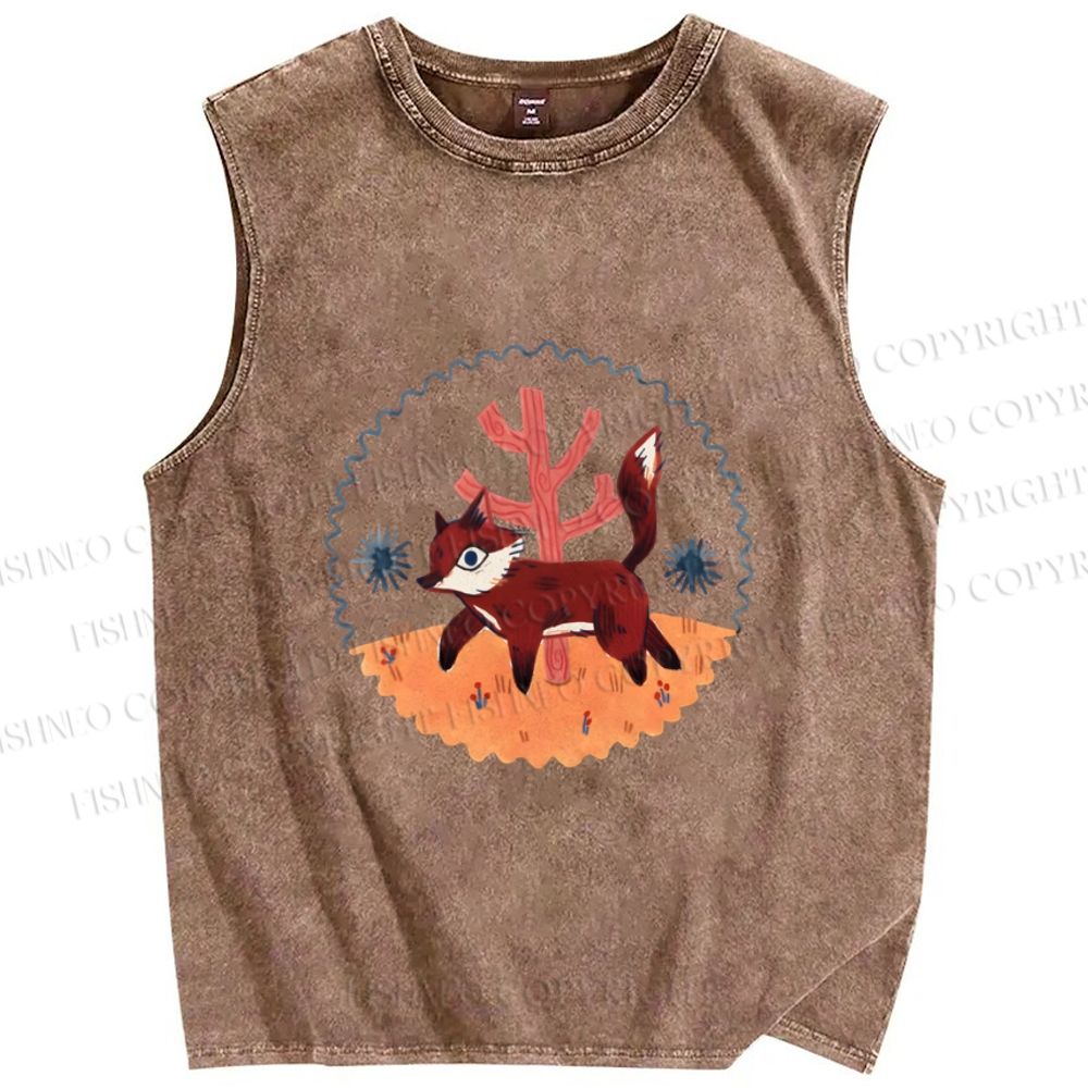Unisex Cartoon Fox Printed Washed Tank Top