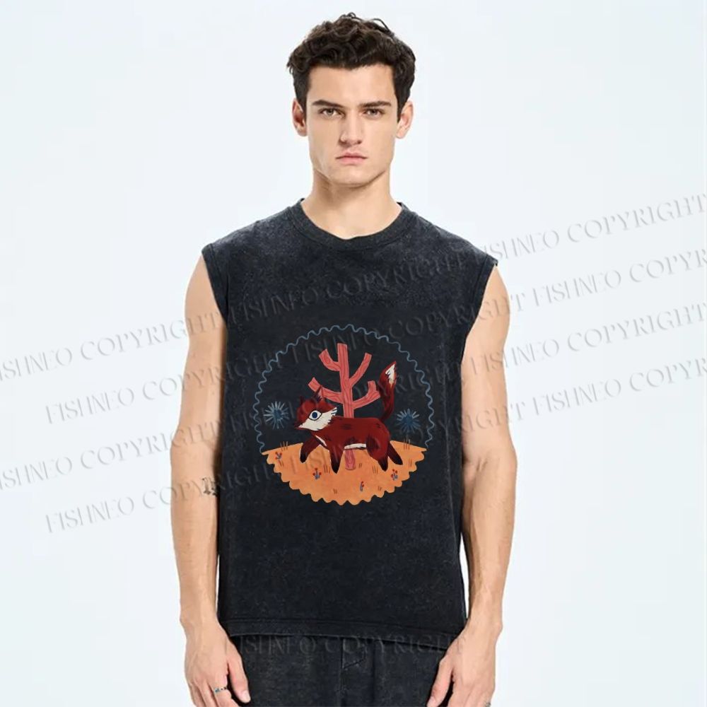Unisex Cartoon Fox Printed Washed Tank Top