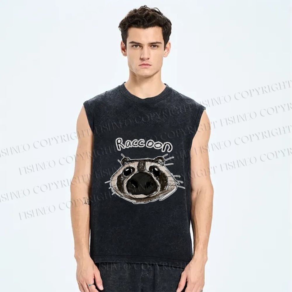 Unisex Funny Raccoon Printed Washed Tank Top
