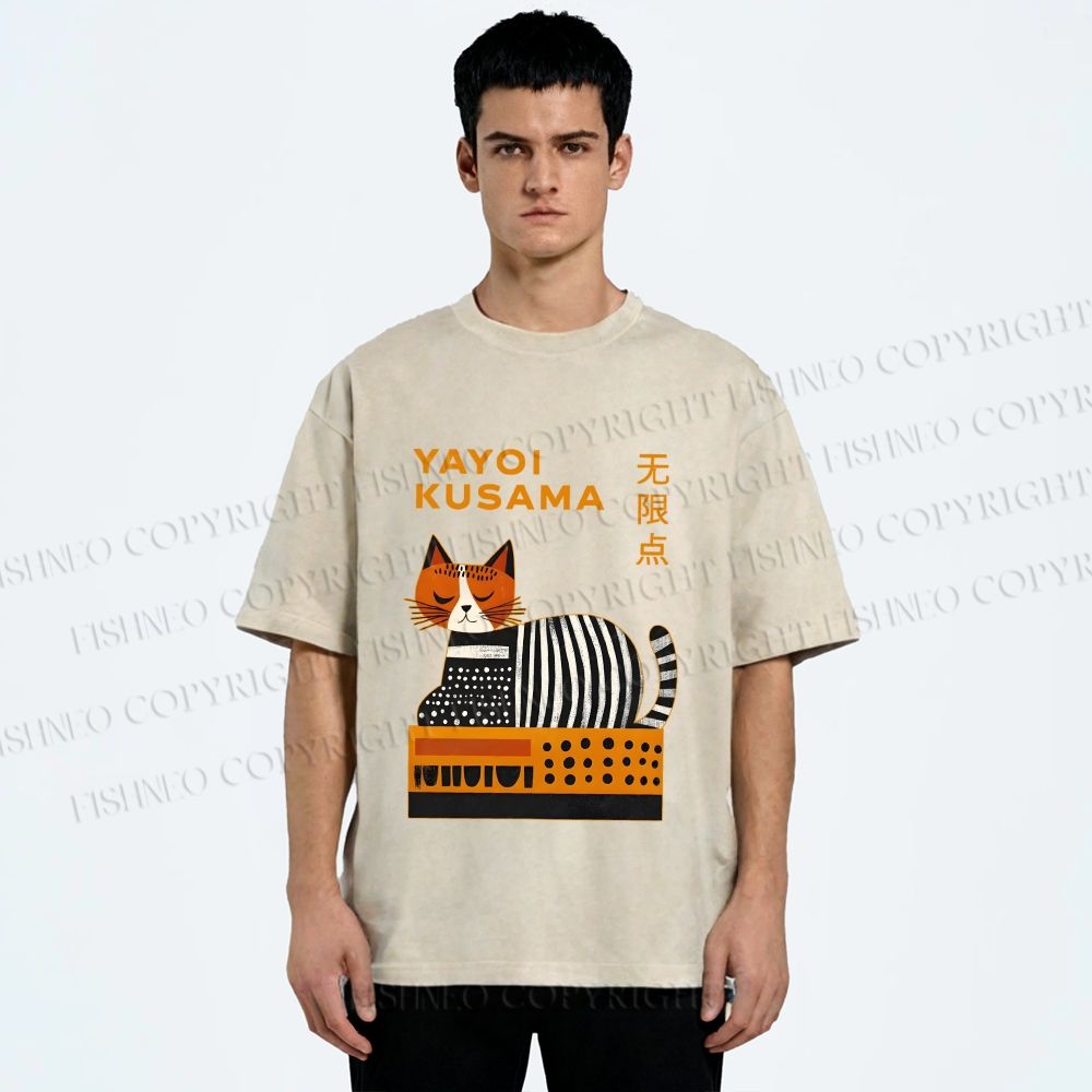 Unisex Yayoi Kusama Cat on Box Printed Washed Tee