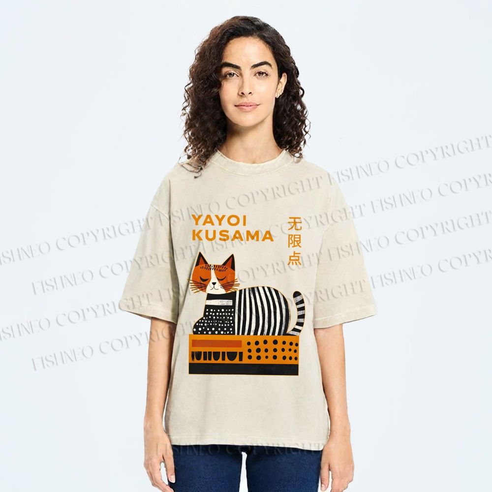 Unisex Yayoi Kusama Cat on Box Printed Washed Tee