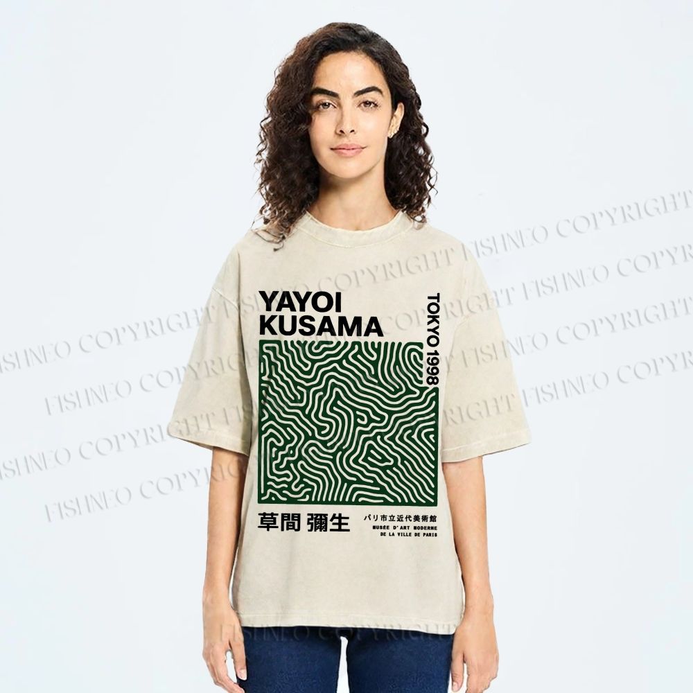 Unisex Yayoi Kusama Green Line Printed Washed Tee