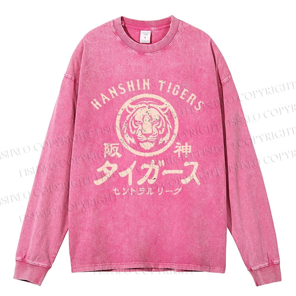 Unisex Casual Washed Old Style Hanshin Tigers Printed Long Sleeve T-shirt