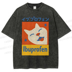 Unisex Ibuprofen Cartoon Cat Printed Washed Tee