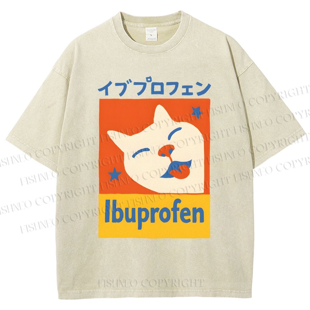 Unisex Ibuprofen Cartoon Cat Printed Washed Tee