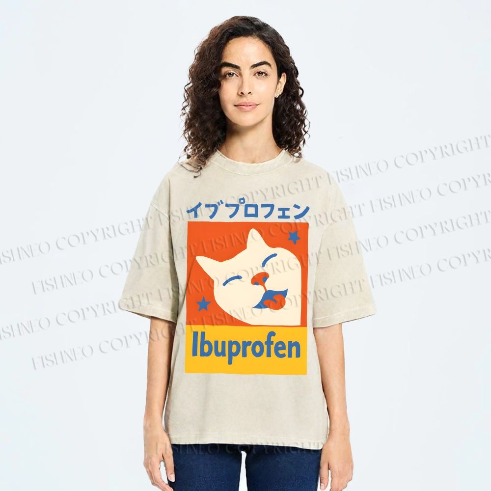 Unisex Ibuprofen Cartoon Cat Printed Washed Tee