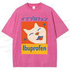 Unisex Ibuprofen Cartoon Cat Printed Washed Tee