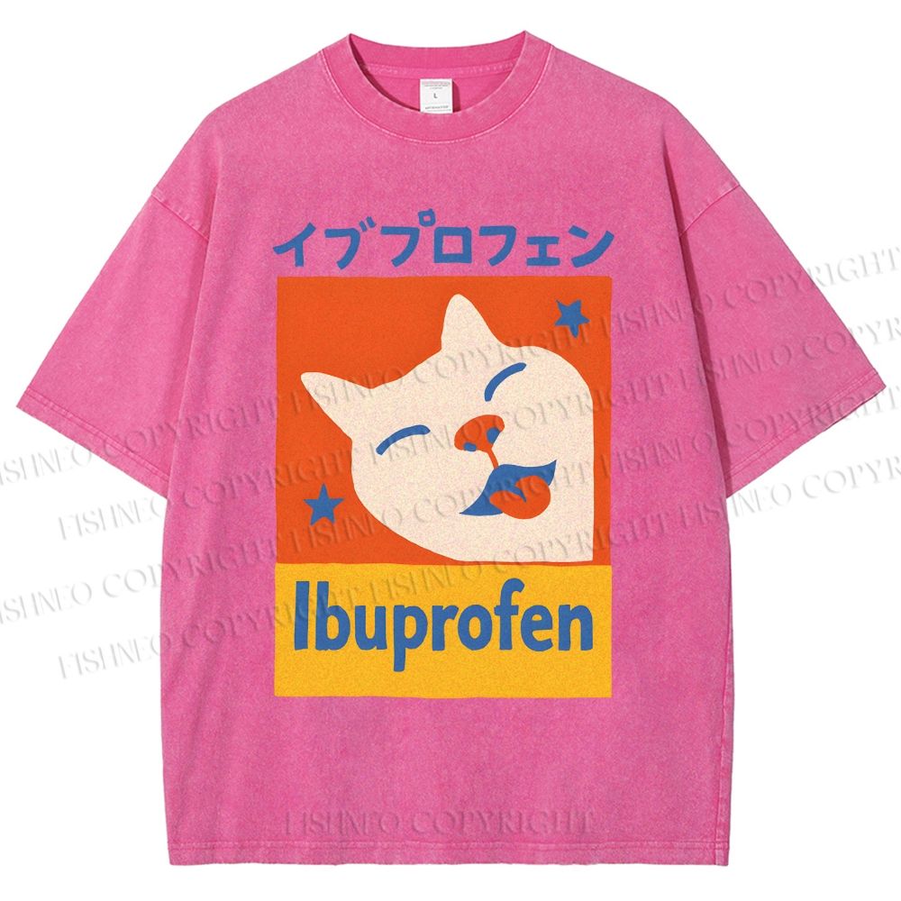 Unisex Ibuprofen Cartoon Cat Printed Washed Tee