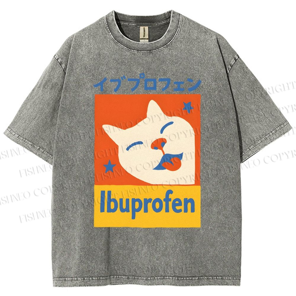 Unisex Ibuprofen Cartoon Cat Printed Washed Tee