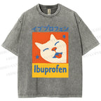 Unisex Ibuprofen Cartoon Cat Printed Washed Tee