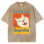 Unisex Ibuprofen Cartoon Cat Printed Washed Tee