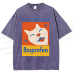 Unisex Ibuprofen Cartoon Cat Printed Washed Tee