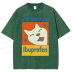 Unisex Ibuprofen Cartoon Cat Printed Washed Tee