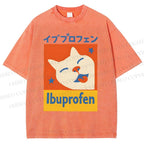 Unisex Ibuprofen Cartoon Cat Printed Washed Tee
