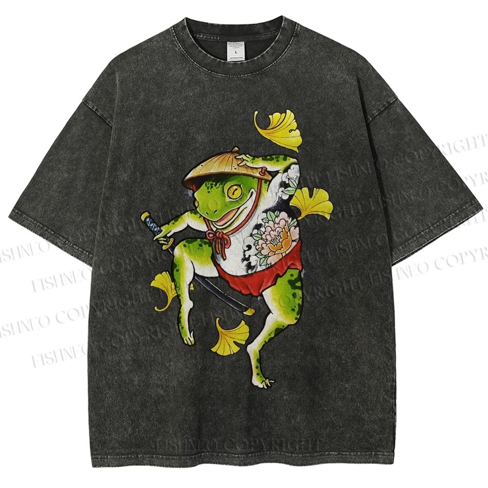 Unisex Japanese Vintage Dancing Frog Printed Washed Tee