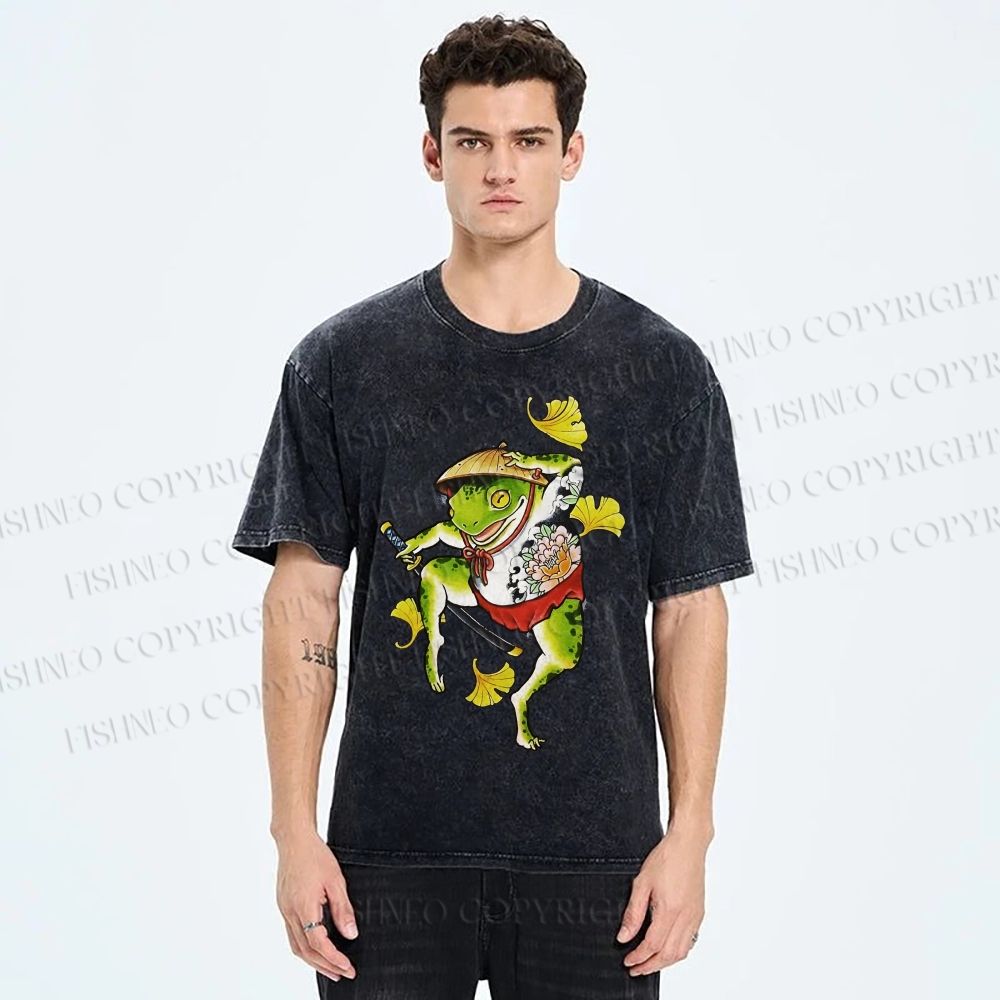 Unisex Japanese Vintage Dancing Frog Printed Washed Tee