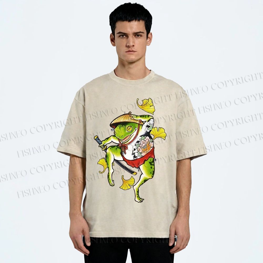 Unisex Japanese Vintage Dancing Frog Printed Washed Tee