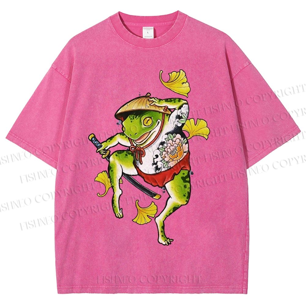 Unisex Japanese Vintage Dancing Frog Printed Washed Tee