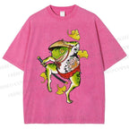 Unisex Japanese Vintage Dancing Frog Printed Washed Tee