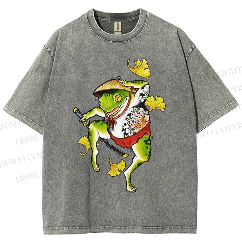 Unisex Japanese Vintage Dancing Frog Printed Washed Tee