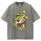 Unisex Japanese Vintage Dancing Frog Printed Washed Tee