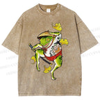 Unisex Japanese Vintage Dancing Frog Printed Washed Tee