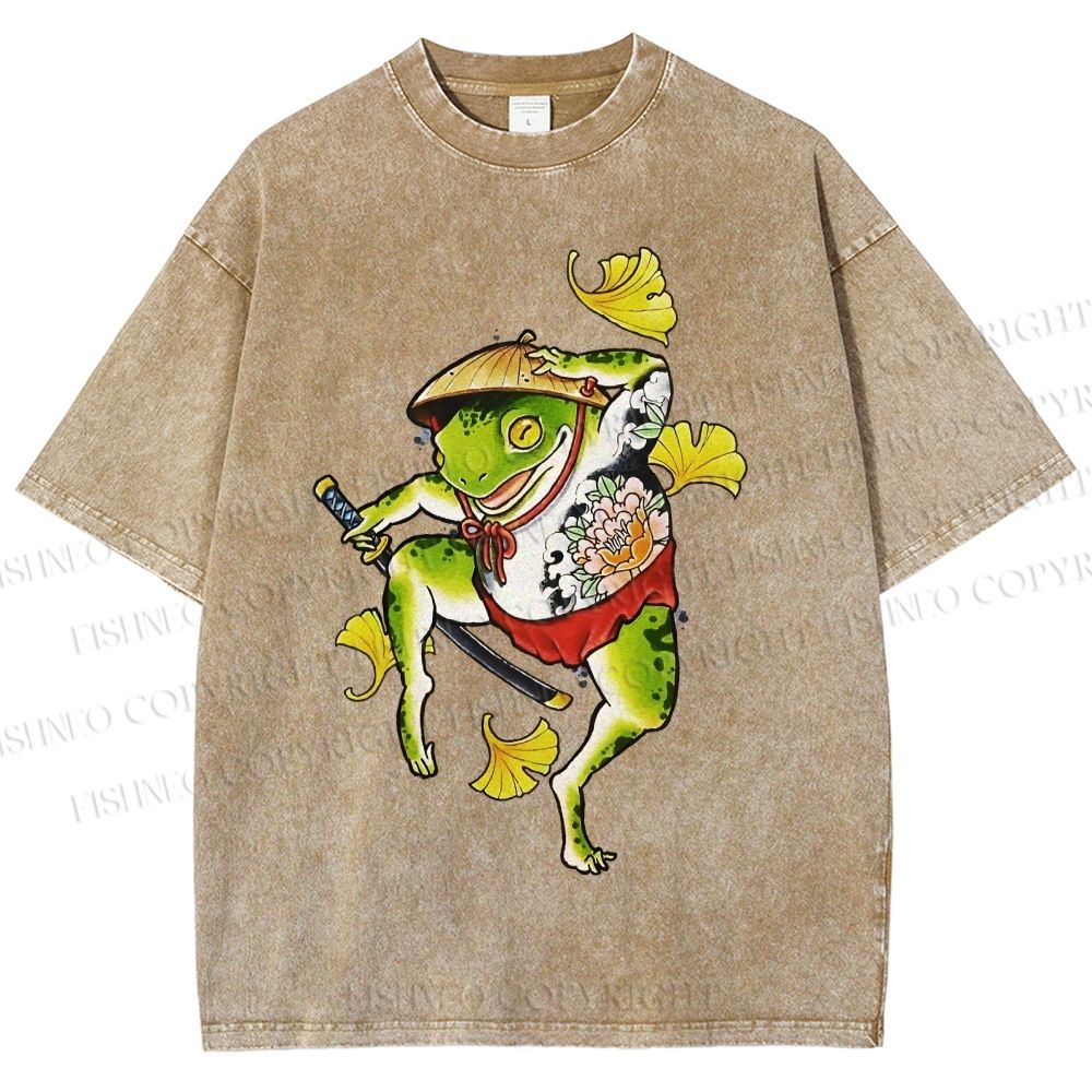 Unisex Japanese Vintage Dancing Frog Printed Washed Tee