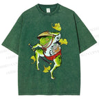 Unisex Japanese Vintage Dancing Frog Printed Washed Tee