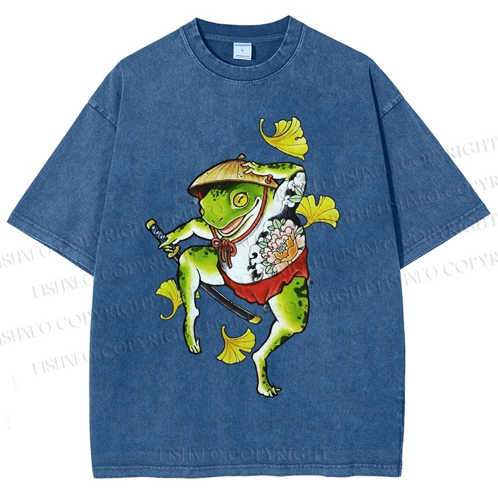 Unisex Japanese Vintage Dancing Frog Printed Washed Tee