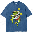 Unisex Japanese Vintage Dancing Frog Printed Washed Tee