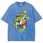 Unisex Japanese Vintage Dancing Frog Printed Washed Tee