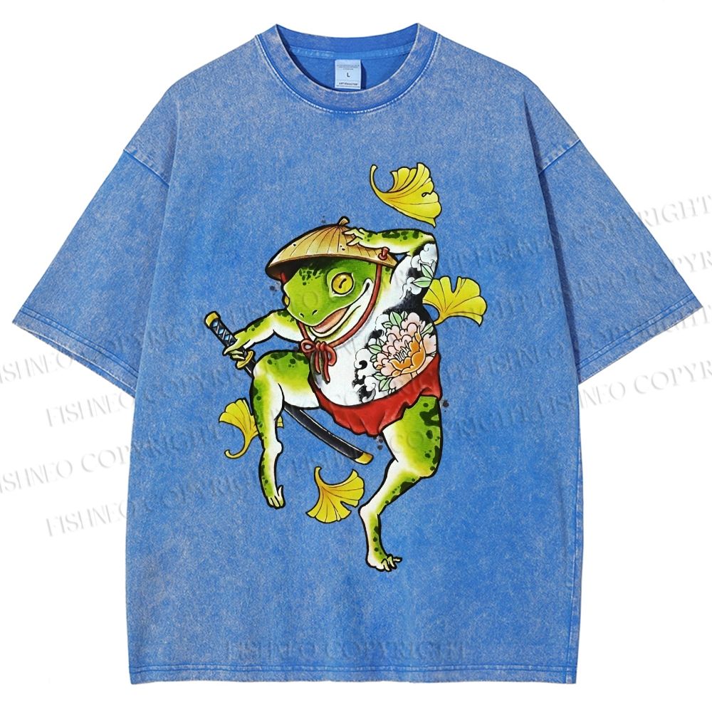 Unisex Japanese Vintage Dancing Frog Printed Washed Tee