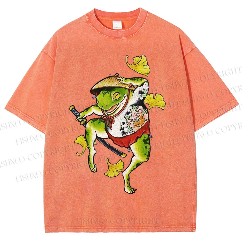 Unisex Japanese Vintage Dancing Frog Printed Washed Tee