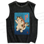 Unisex Monster Cat Printed Washed Tank Top